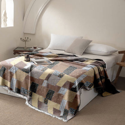 Plaid Patchwork Cotton Muslin Tassel Quilt