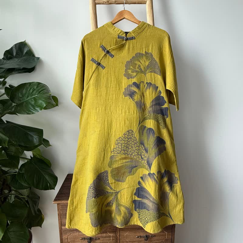 Ginkgo Leaf Print Cotton Cheongsam Nightgown - image 10