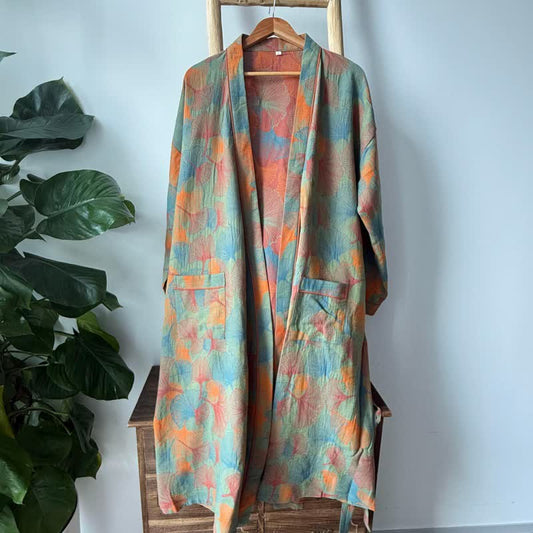 Ginkgo Leaf Print Cotton Kimono Robe