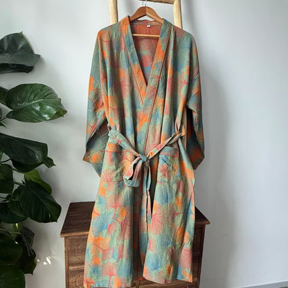 Ginkgo Leaf Print Cotton Kimono Robe