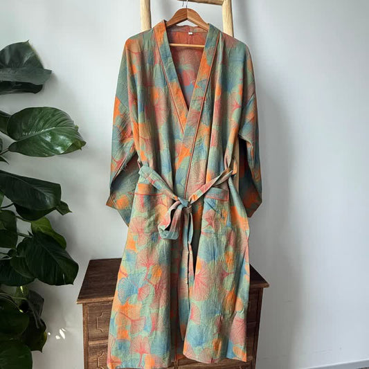 Ginkgo Leaf Print Cotton Kimono Robe
