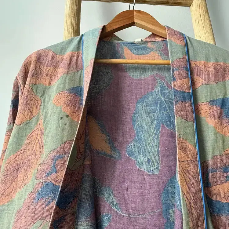 Brown Leaf Print Cotton Kimono Robe