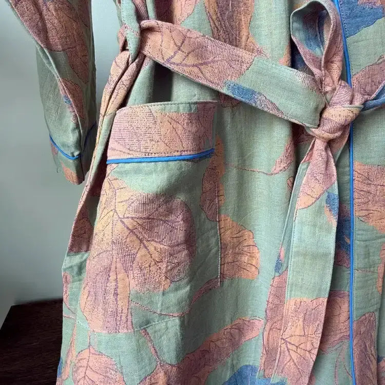 Brown Leaf Print Cotton Kimono Robe