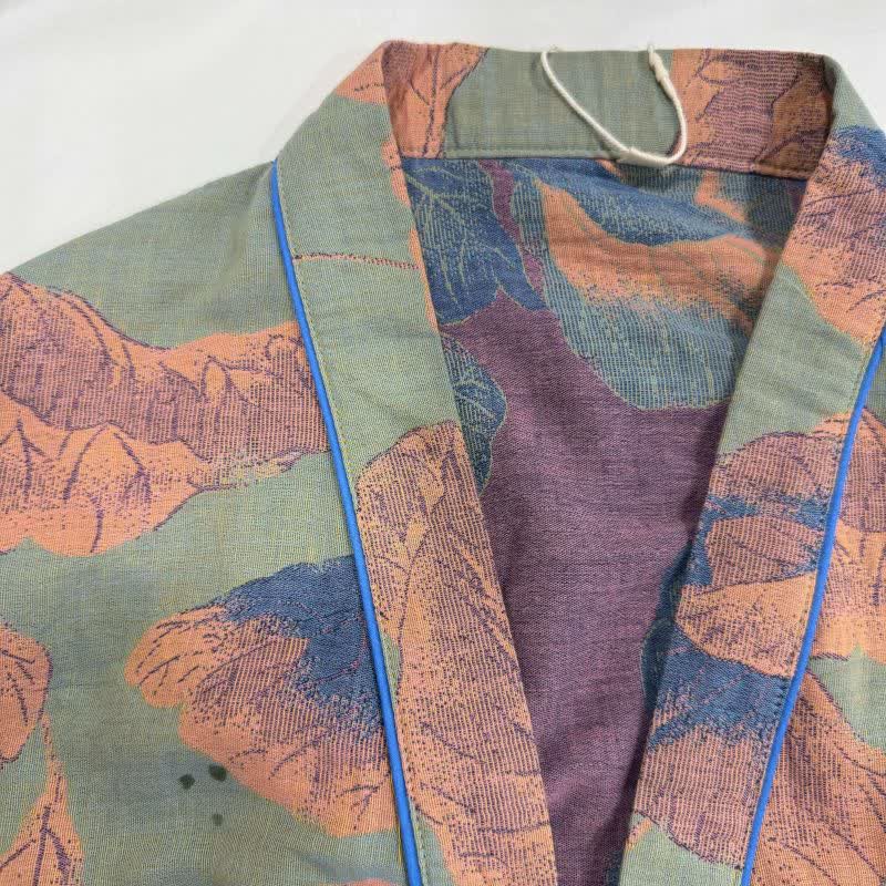 Brown Leaf Print Cotton Kimono Robe