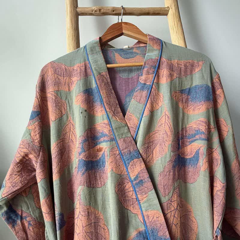Brown Leaf Print Cotton Kimono Robe