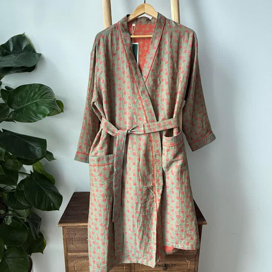 Orange Monstera Print Cotton Kimono Robe