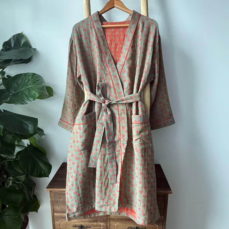 Orange Monstera Print Cotton Kimono Robe