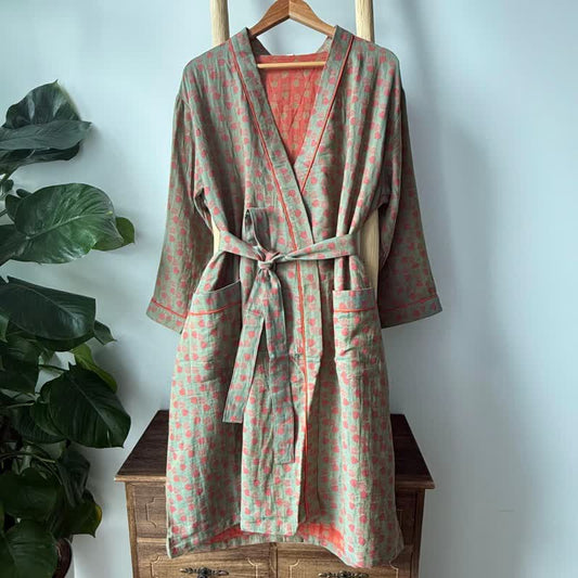 Orange Monstera Print Cotton Kimono Robe