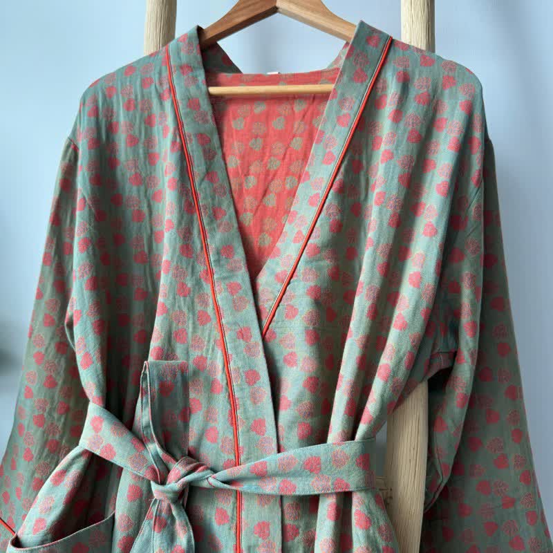 Orange Monstera Print Cotton Kimono Robe