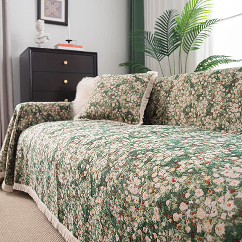 Green Floral Farmhouse Tassel Sofa Protector