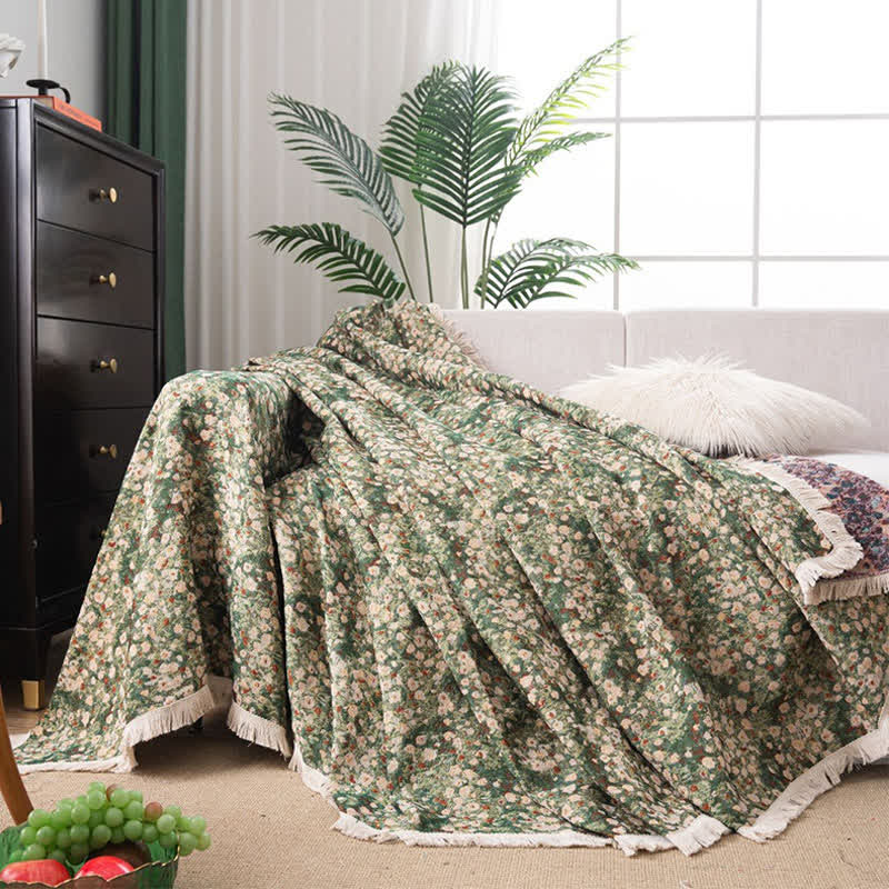 Green Floral Farmhouse Tassel Sofa Protector