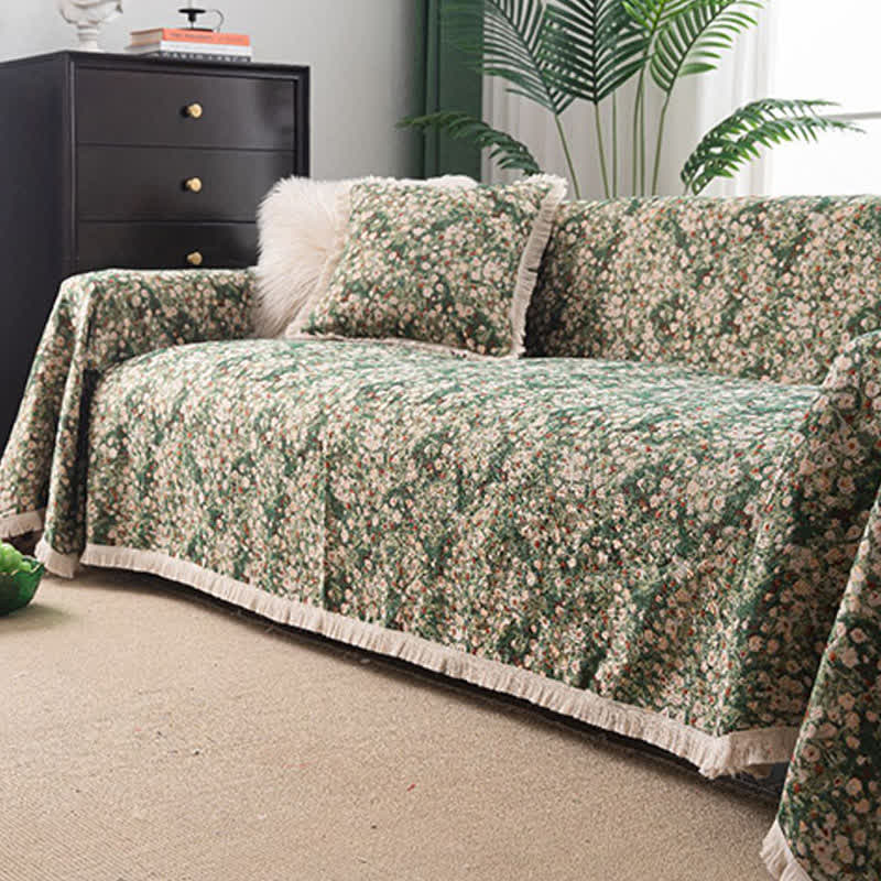 Green Floral Farmhouse Tassel Sofa Protector