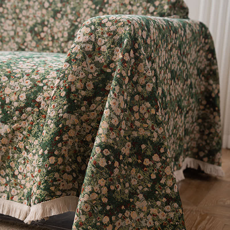 Green Floral Farmhouse Tassel Sofa Protector
