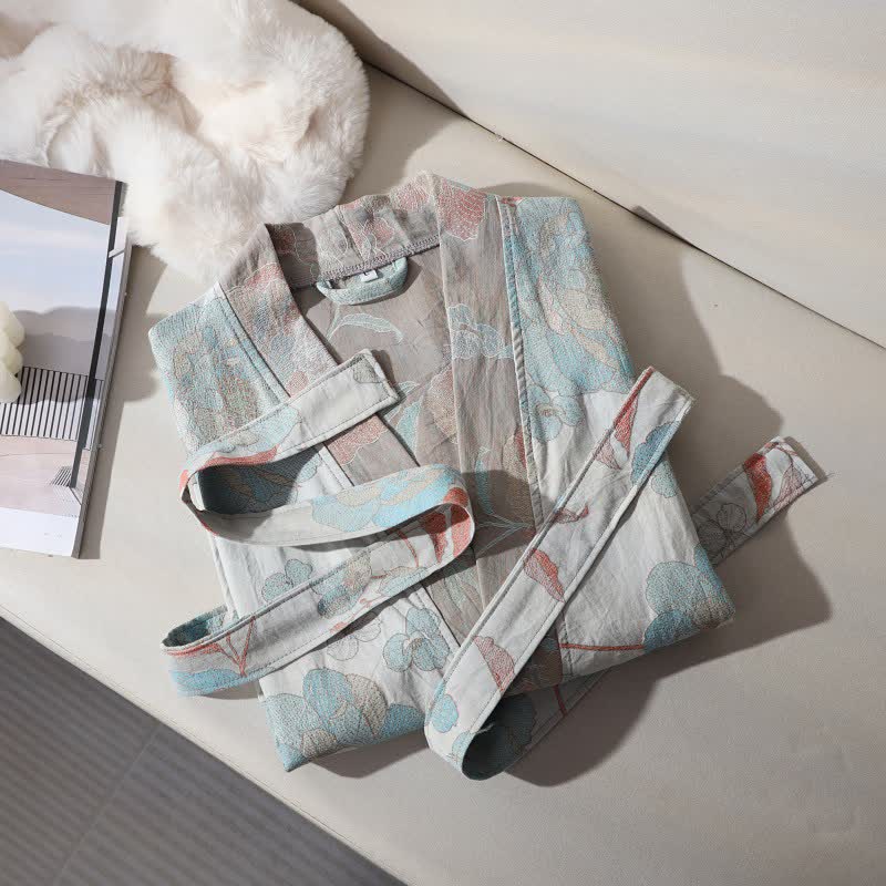 Unisex Blue Peony Cotton Gauze Bathrobe