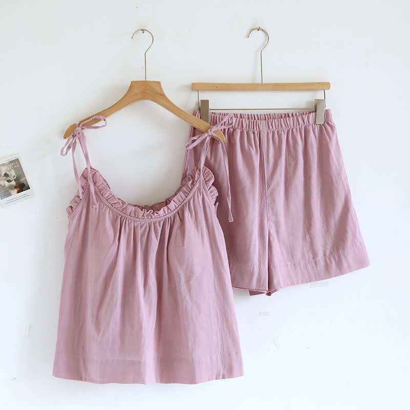 Ruffle Trim Cotton Padded Camisole Pajamas - Pink - XL - image 7