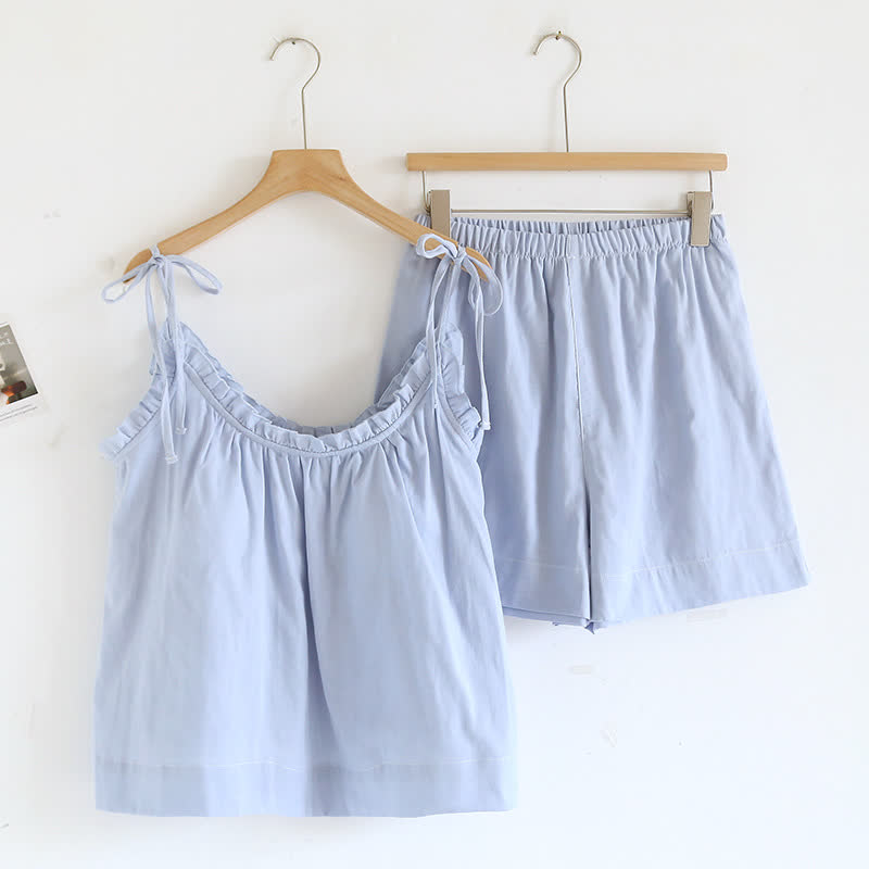 Ruffle Trim Cotton Padded Camisole Pajamas - Blue - XL - image 2