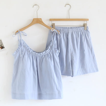 Ruffle Trim Cotton Padded Camisole Pajamas - Blue - XL - image 2