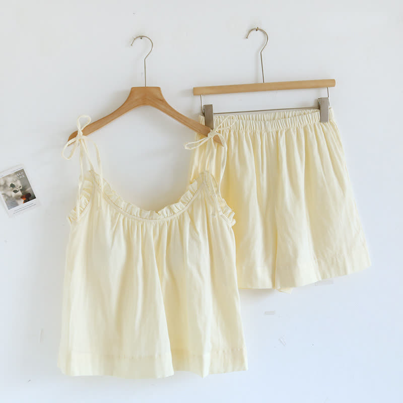 Ruffle Trim Cotton Padded Camisole Pajamas - Yellow - XL - image 8