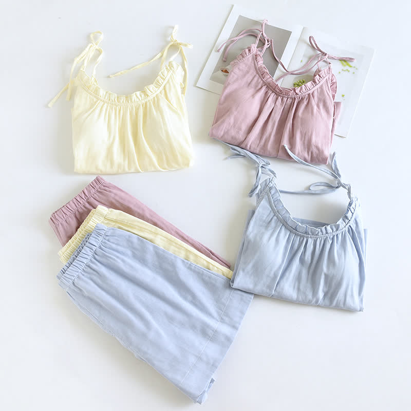 Ruffle Trim Cotton Padded Camisole Pajamas - image 1