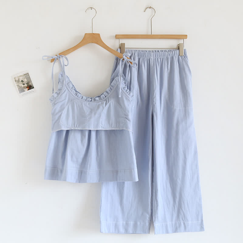 Solid Color Ruffle Cotton Camisole Pajamas - image 4