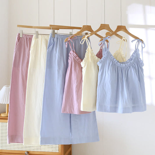 Solid Color Ruffle Cotton Camisole Pajamas - image 0