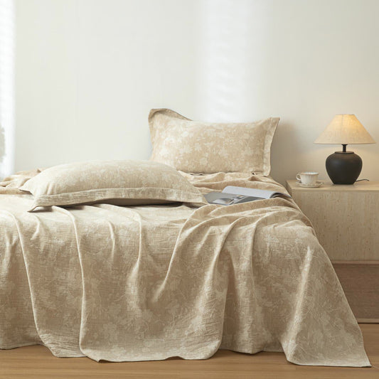 Beige Floral Textured Cotton Linen Bedspread