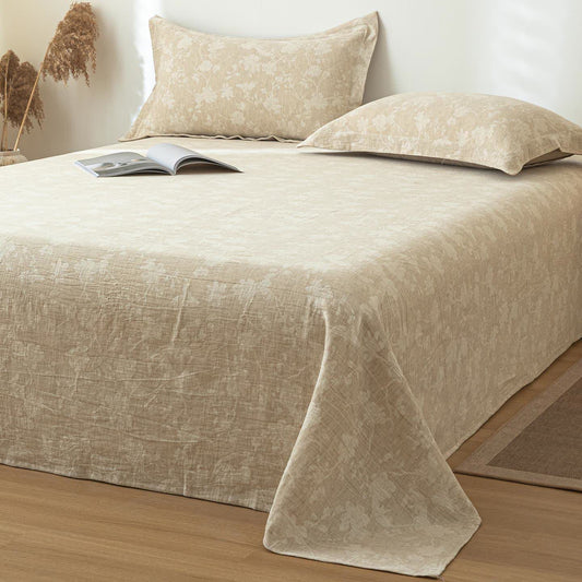 Beige Floral Textured Cotton Linen Bedspread