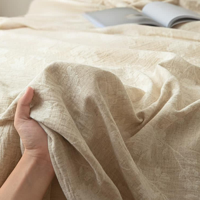 Beige Floral Textured Cotton Linen Bedspread