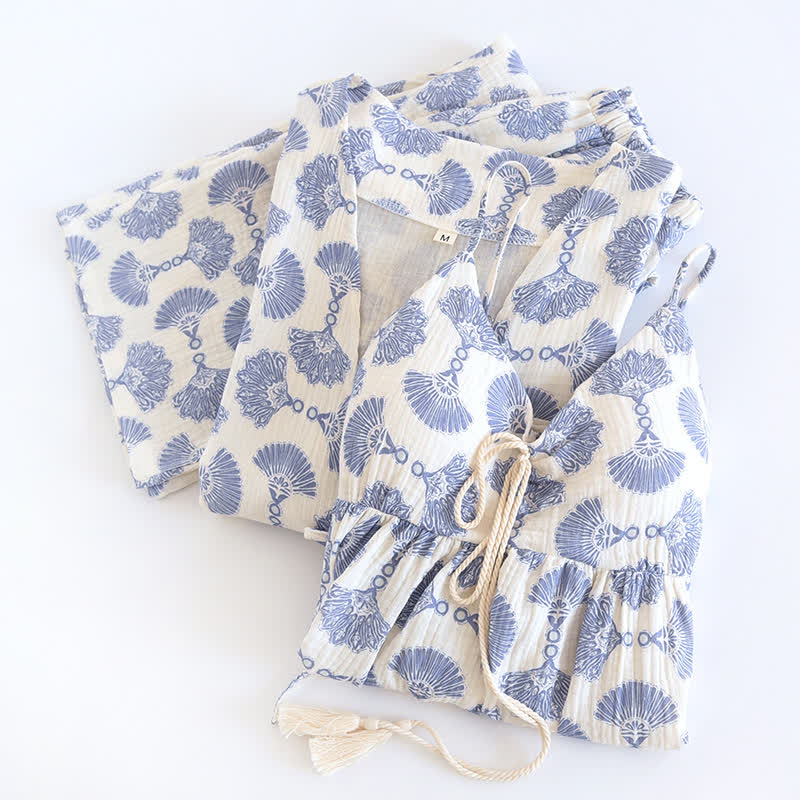 Blue Fan Print Cotton Loungewear Set (3PCS)