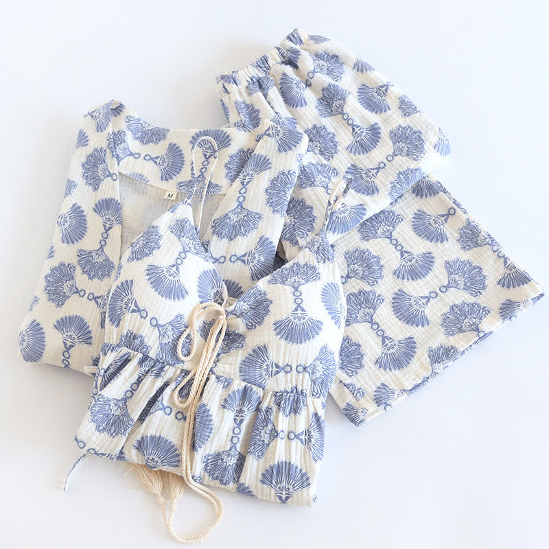 Blue Fan Print Cotton Loungewear Set (3PCS)