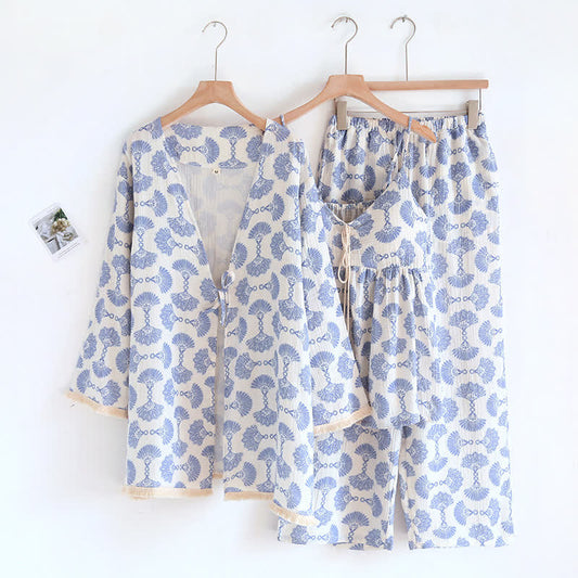 Blue Fan Print Cotton Loungewear Set (3PCS)