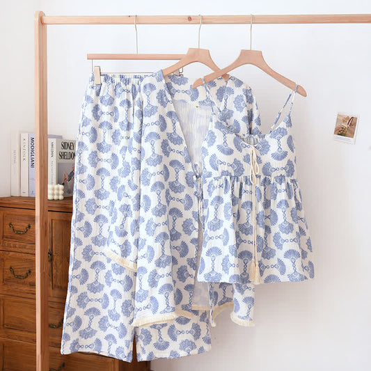 Blue Fan Print Cotton Loungewear Set (3PCS)