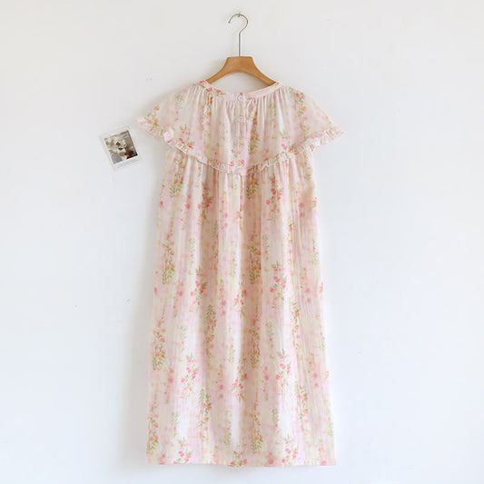 Ruffle Neck Rose Print Cotton Nightgown