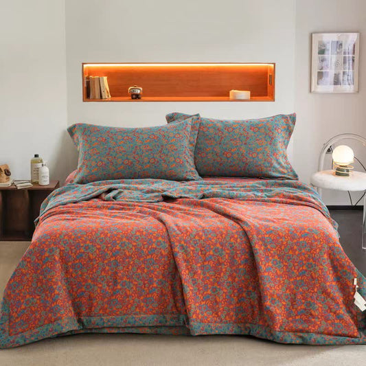 Orange Floral Cotton Gauze Jacquard Quilt