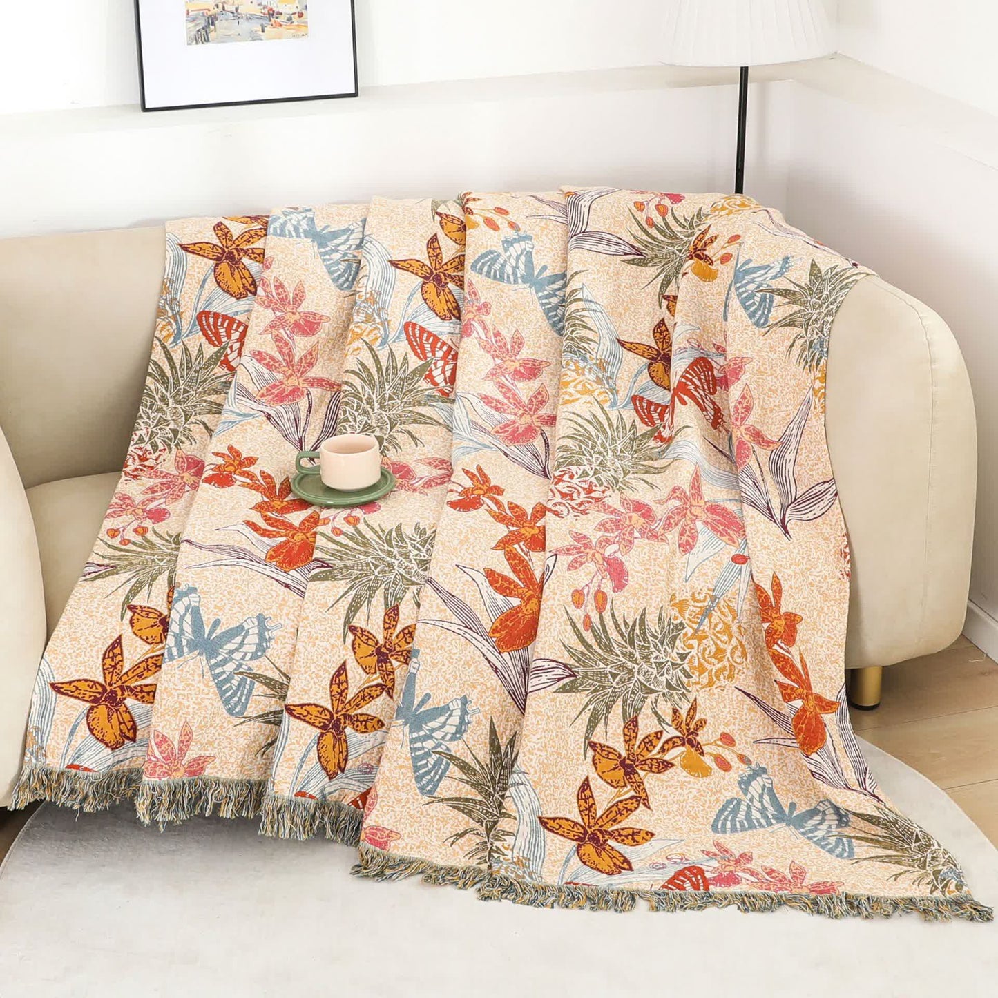 Pineapple Floral Butterfly Natural Cotton Quilt