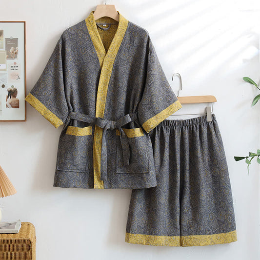 Unisex Grey Geometric Cotton Kimono Nightwear