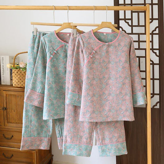 Oriental Floral Cotton Gauze Jacquard Pajamas