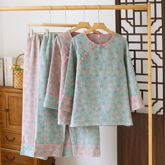 Oriental Floral Cotton Gauze Jacquard Pajamas