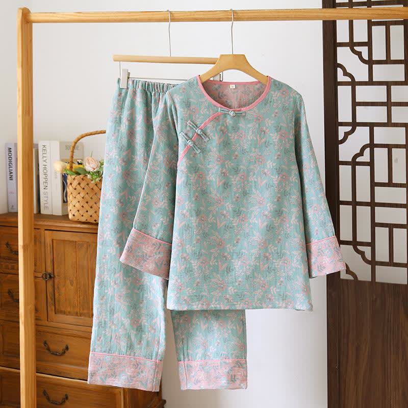 Oriental Floral Cotton Gauze Jacquard Pajamas