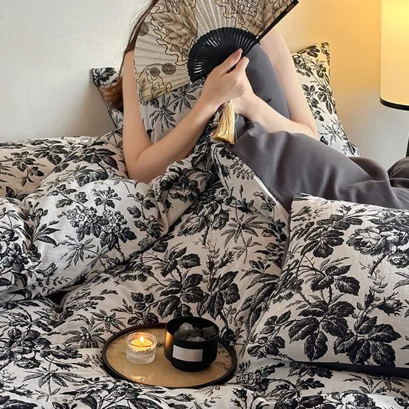 Black Camellia Natural Cotton Bedding Set(4PCS)