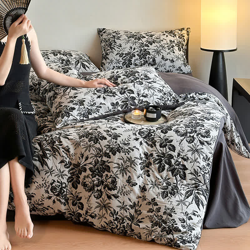 Black Camellia Natural Cotton Bedding Set(4PCS)