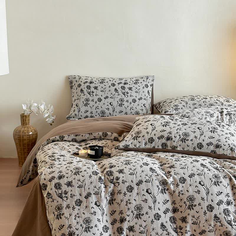 Black Floral Natural Cotton Bedding Set(4PCS)