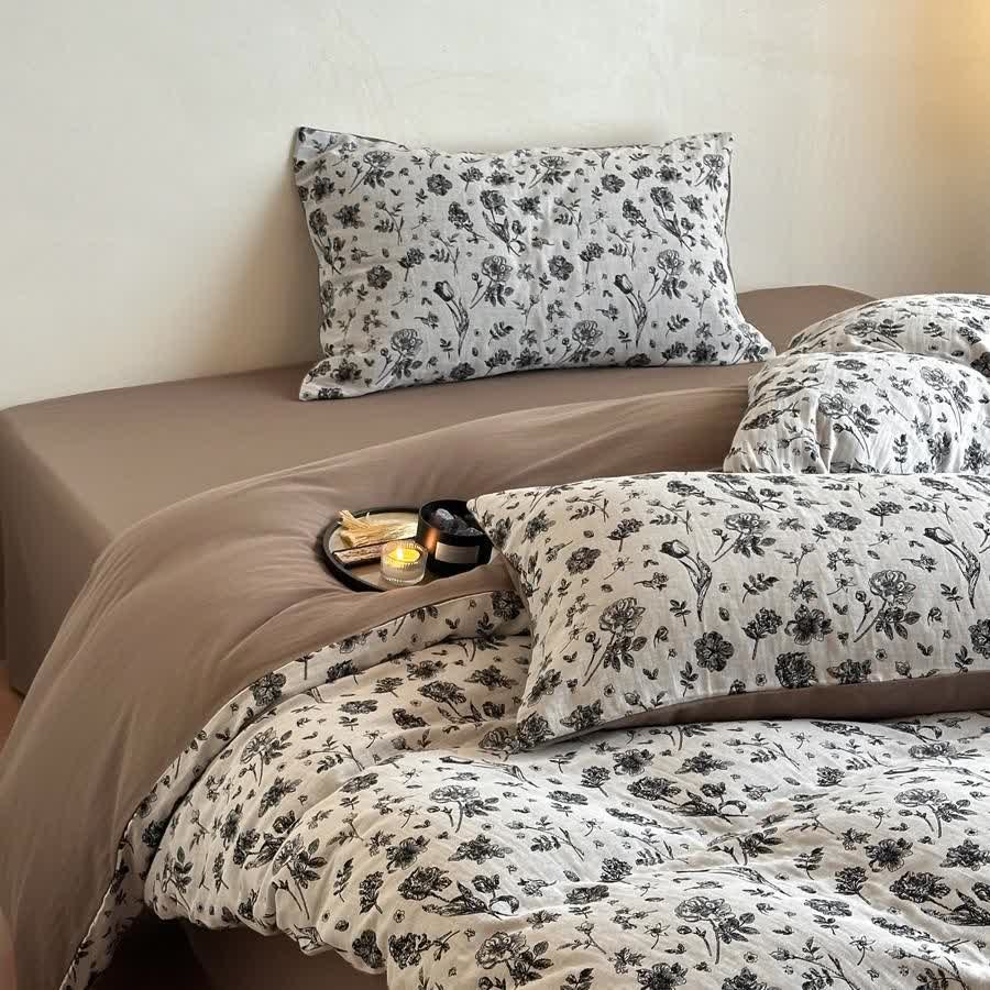 Black Floral Natural Cotton Bedding Set(4PCS)
