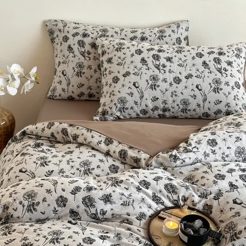 Black Floral Natural Cotton Bedding Set(4PCS)