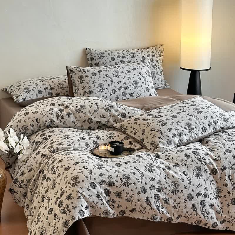 Black Floral Natural Cotton Bedding Set(4PCS)
