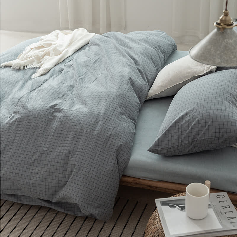 Minimalist Grid Pattern Cotton Dorm Bedding Set - Haze Blue - Cal King - image 4