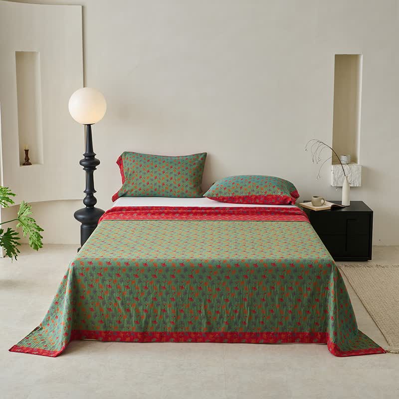 Nature-inspired Ginkgo Biloba Natural Cotton  Bedspread - Red & Green - 2PCS Pillowcases - 41" x 20" - image 13