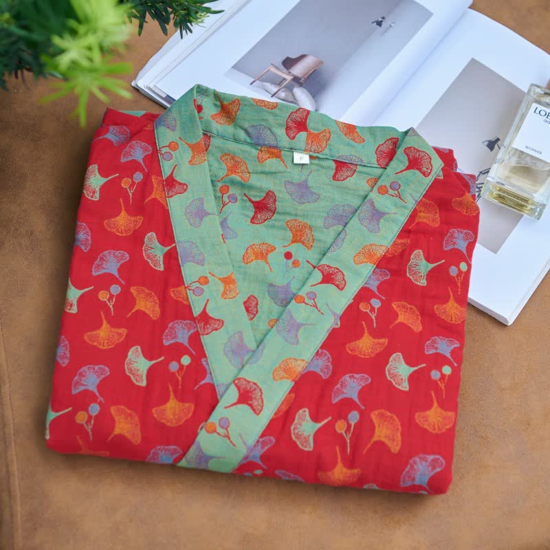 Two-Tone Ginkgo Cotton Gauze Kimono Robe - image 5