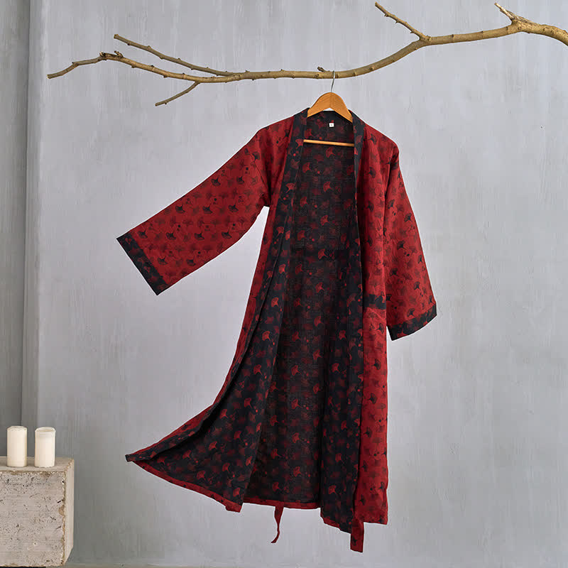 Two-Tone Ginkgo Cotton Gauze Kimono Robe - Red & Black - 2XL - image 18