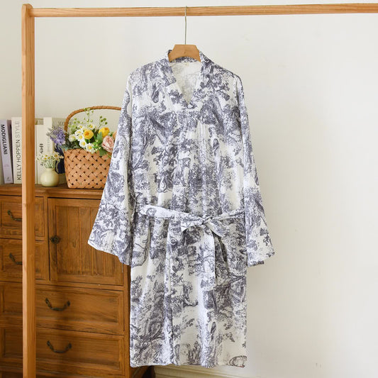 Toile Print Tiger Cotton Kimono Robe - Black - L - image 2